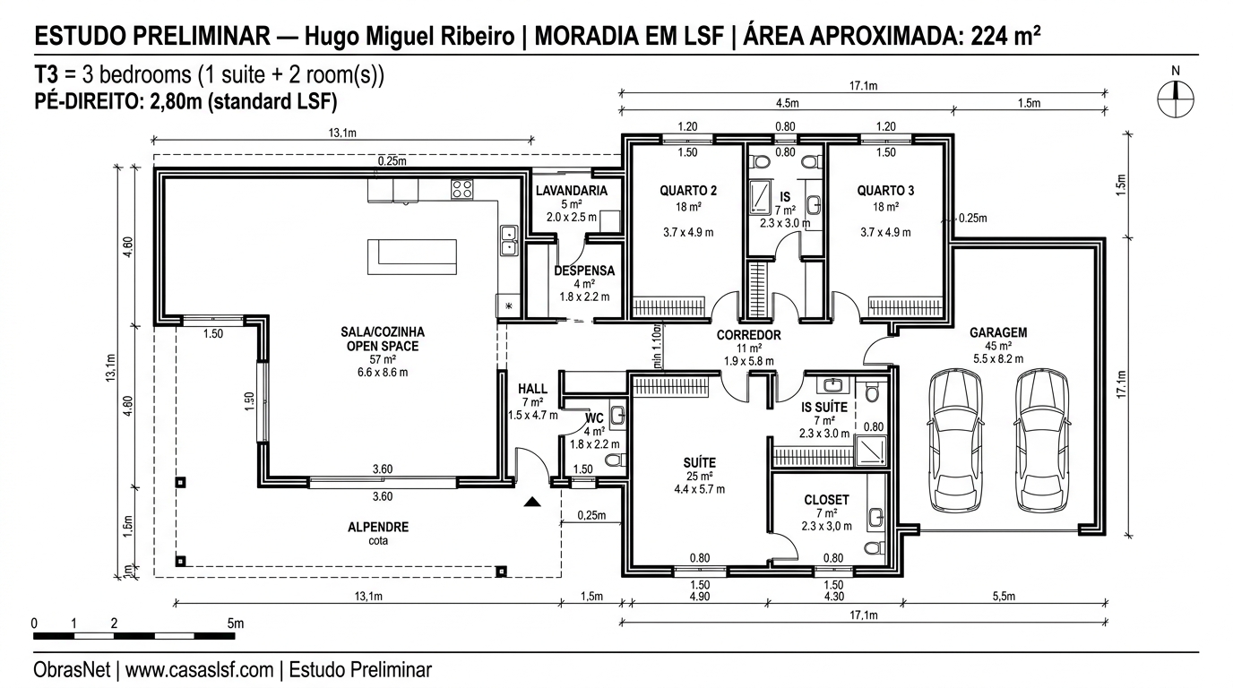Planta 2D técnica — T3 224m² Chave na Mão opção B