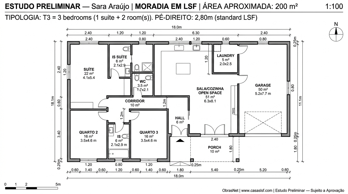 Planta 2D técnica — T3 200m² Chave na Mão opção B